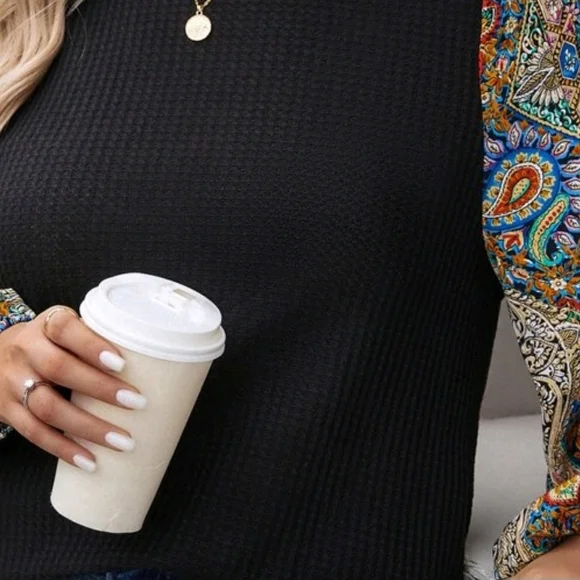 Black Paisley Sleeve Women's Top - Picture 4 of 7